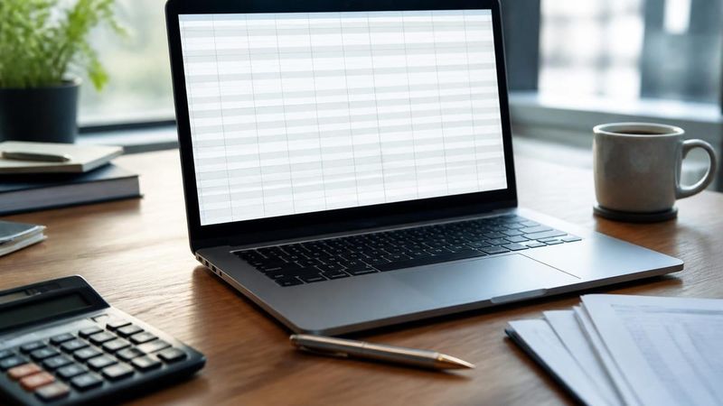 Editorial desk photo with laptop spreadsheet, calculator, and coffee; no text overlay
