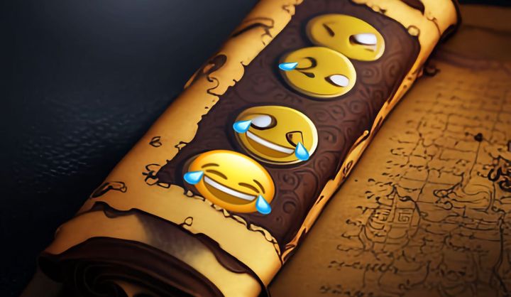 A scroll showing laughing-crying emojis becoming more distorted up the parchment