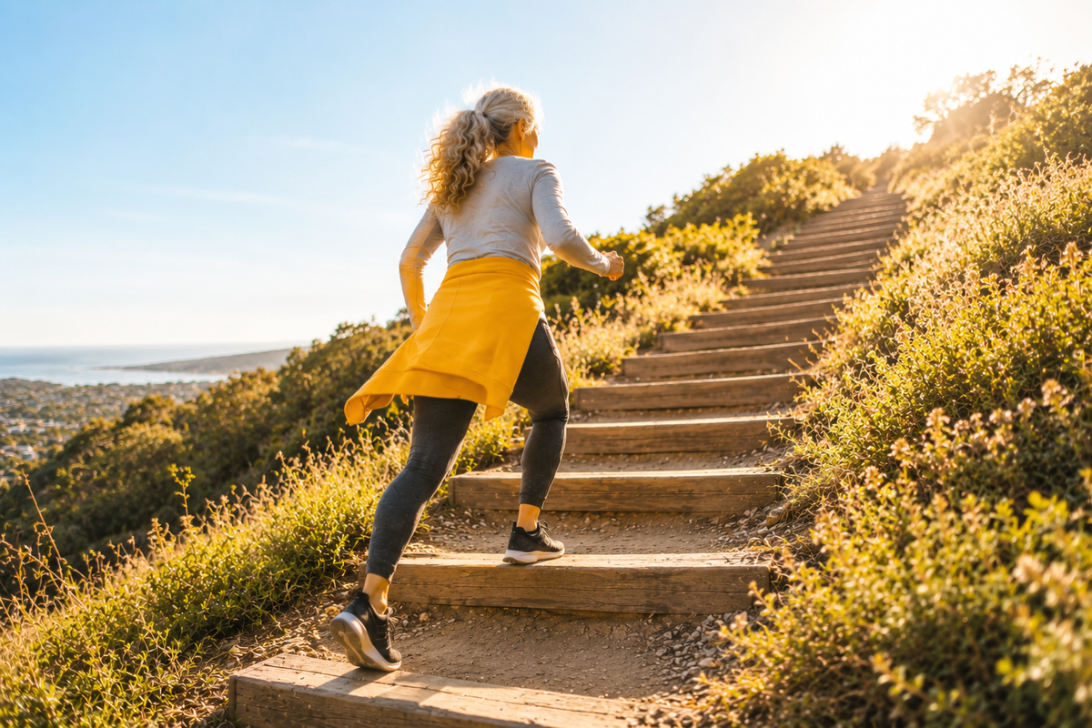 An older woman walking outdoors on a path, illustrating that walking supports health but is not enough alone to build bone density.