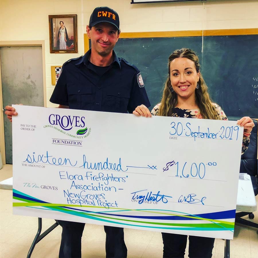 Elora Firefighters' Association make donation to Groves hospital