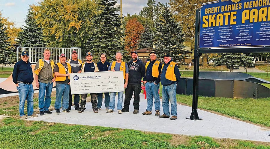 Arthur Lions thank Arthur Optimist Club for donation to Brent Barnes Memorial Skate Park