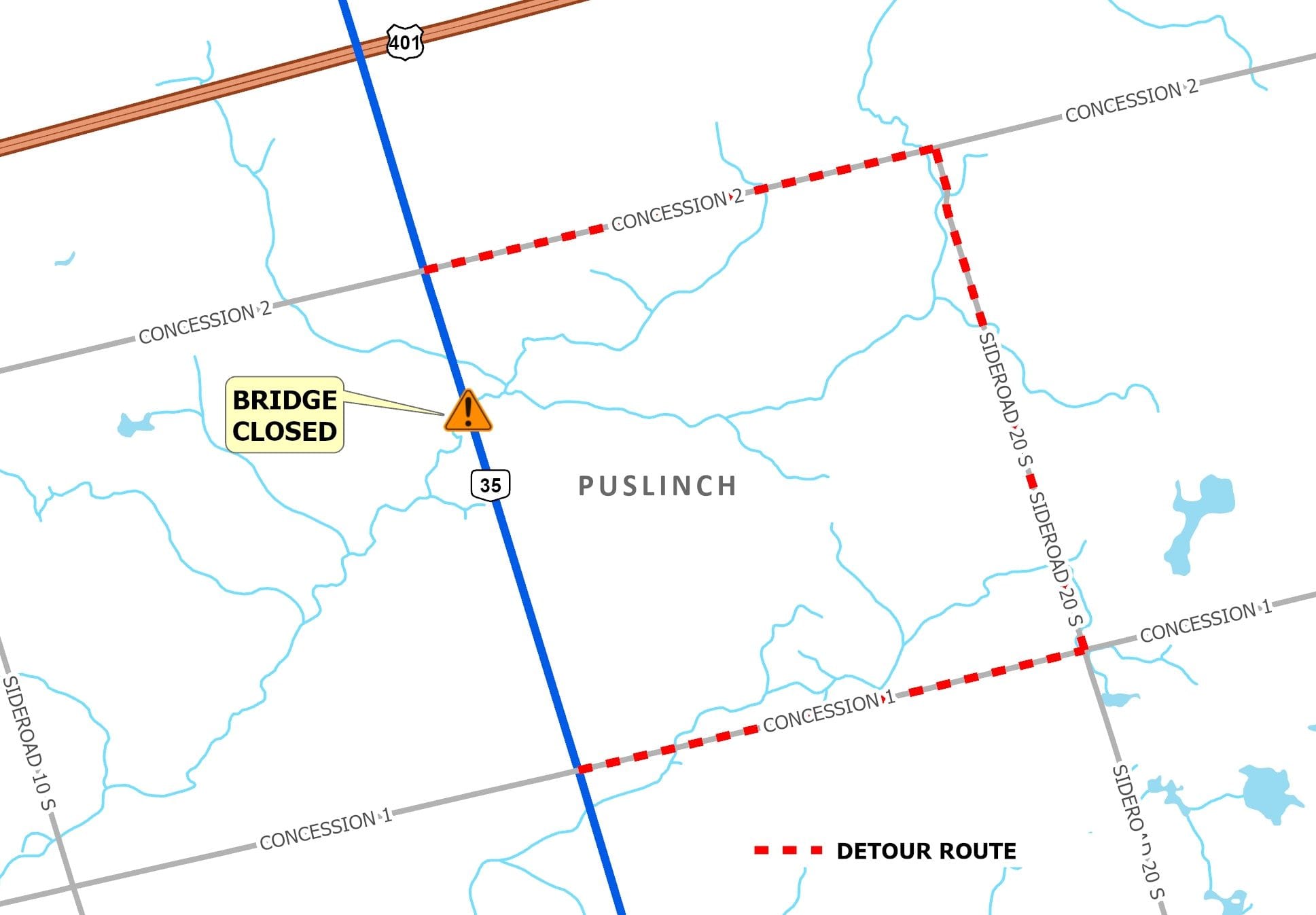 Section of Wellington Road 35 closed due to bridge failure
