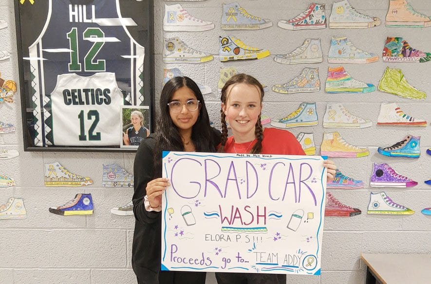 Grade 8 students at Elora Public School holding car wash for Team Addy