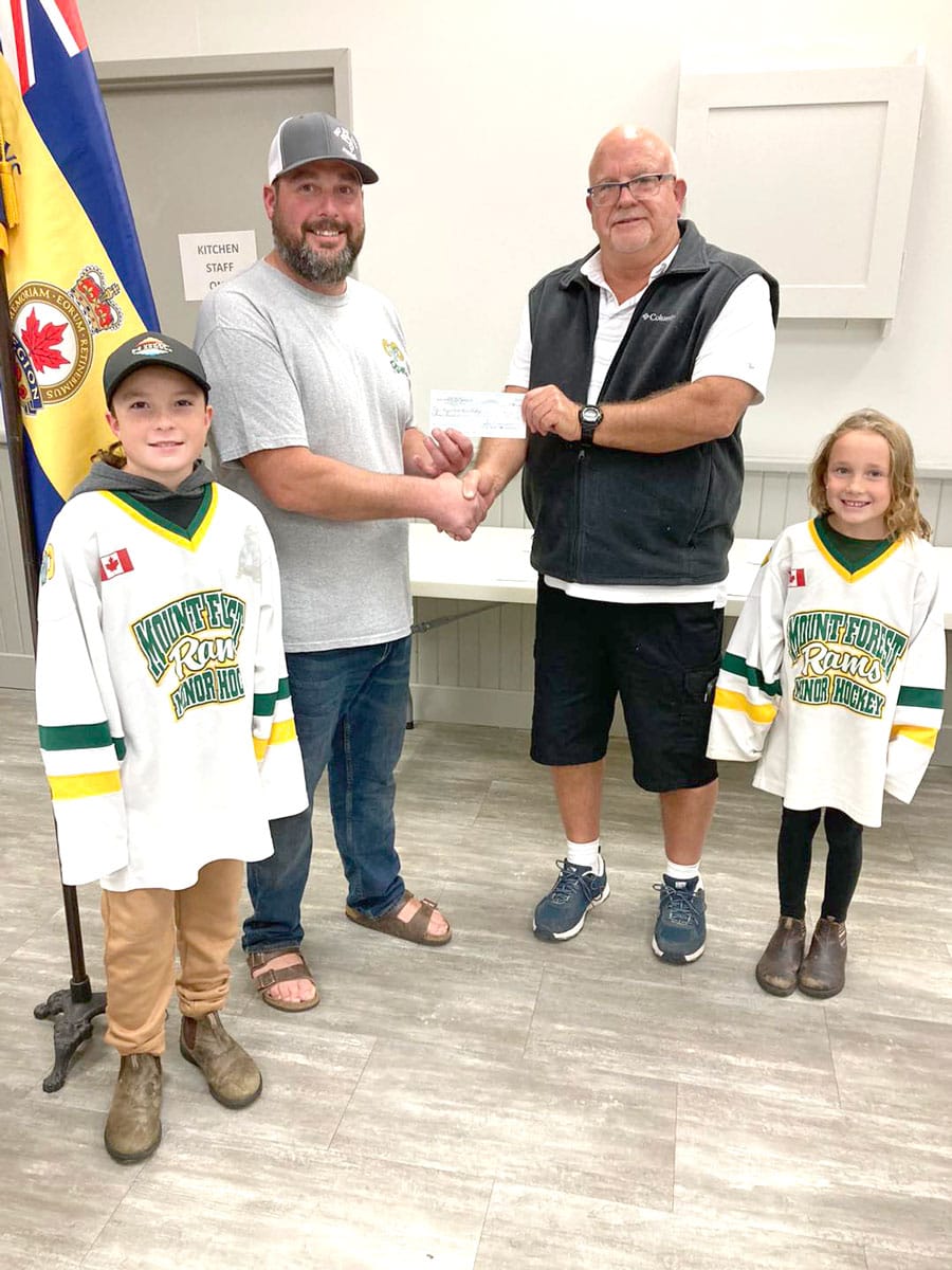 Mount Forest Legion Catch the Ace presents cheque to Mount Forest Minor hockey
