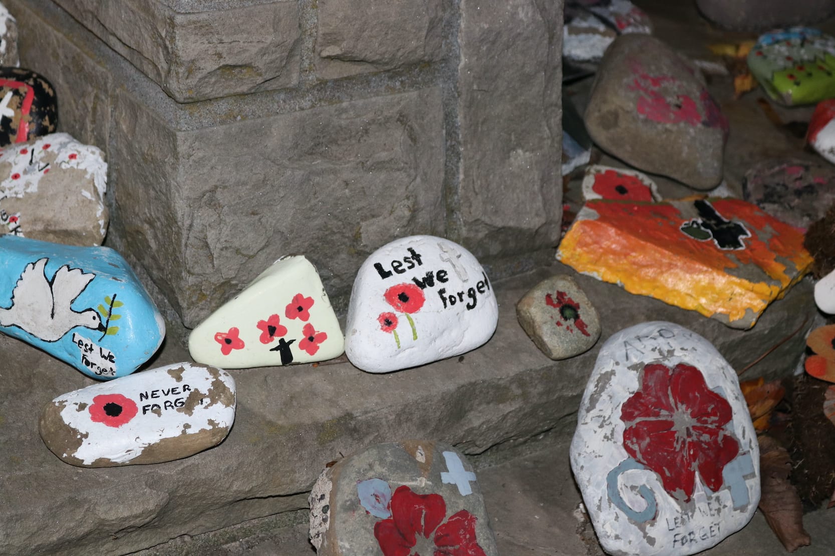 Painted rocks placed at Erin cenotaph