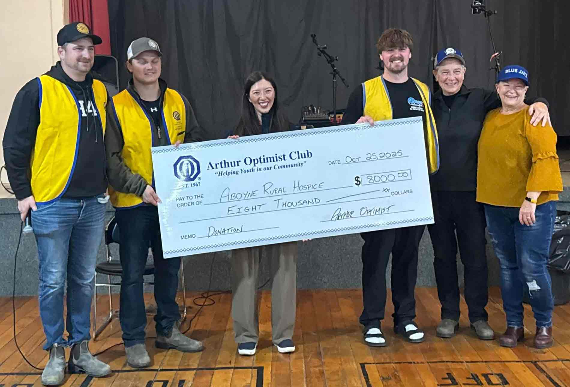 Arthur Optimist Club has fulfilled its pledge of a $10,000 donation to the Aboyne Rural Hospice