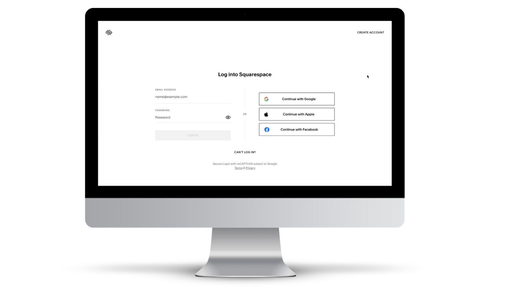Squarespace login screen. From here you login to Squarespace.