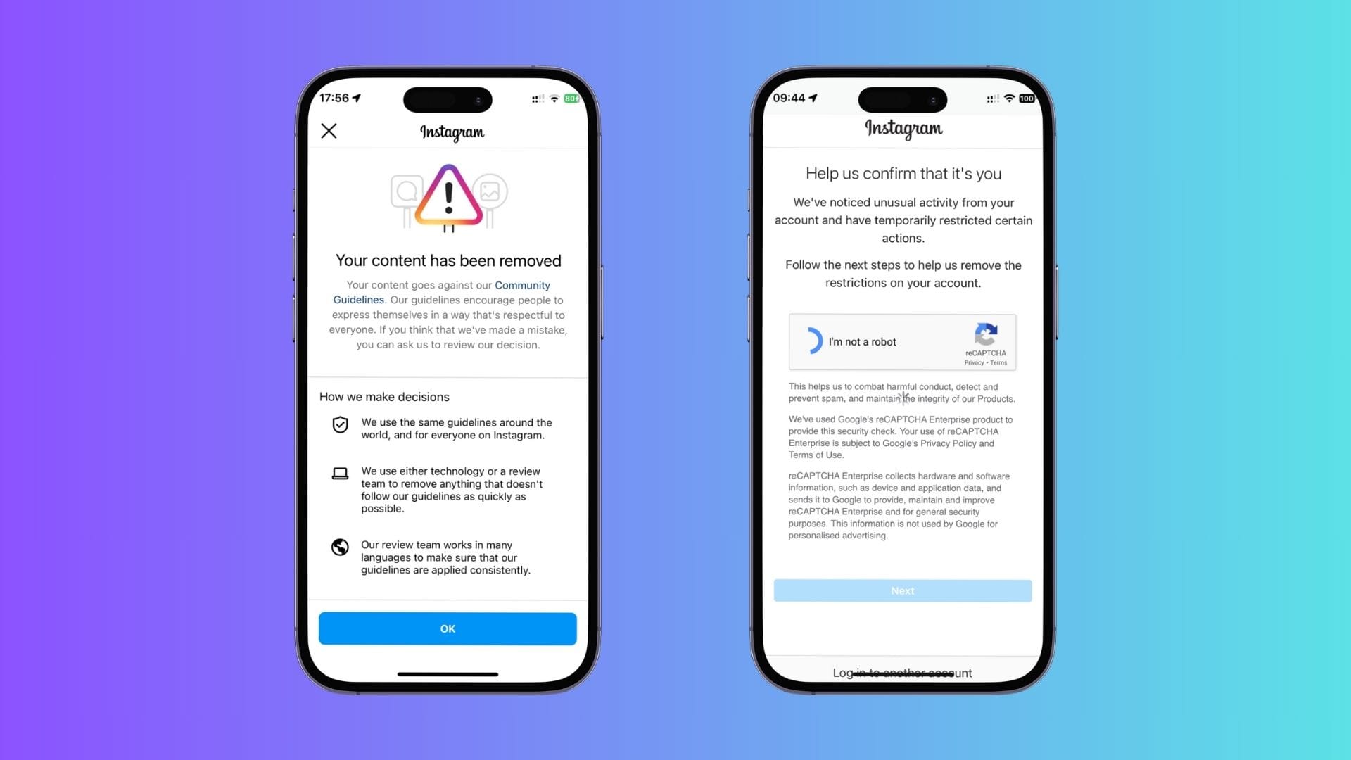 Left the screen I got to see in Instagram when a Threads post triggers an alarm, and right the screen in Instagram after loads of activity.