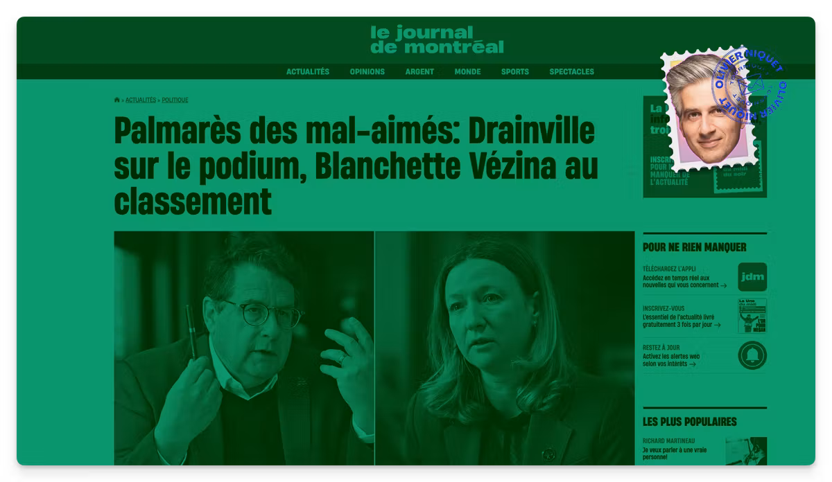 Palmarès des mal-aimés: Poilievre, Duhaime, Drainville et Blanchette-Vézina au top Image principale