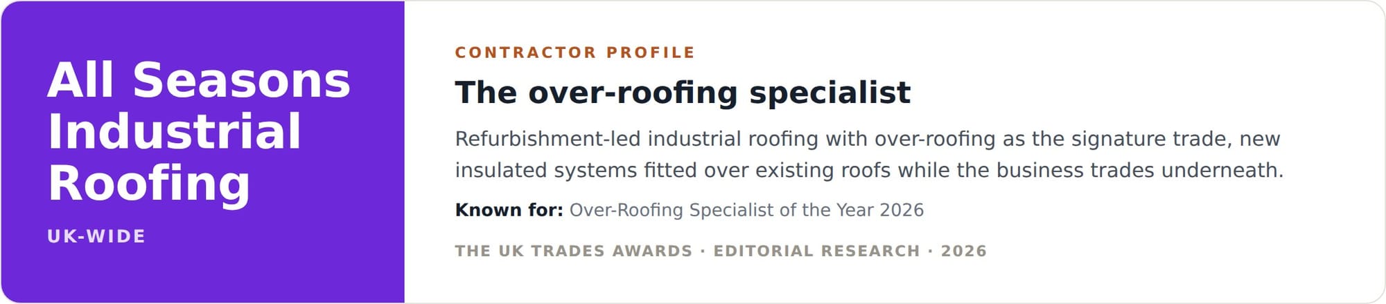 All Seasons contractor profile card, asbestos over-roofing London