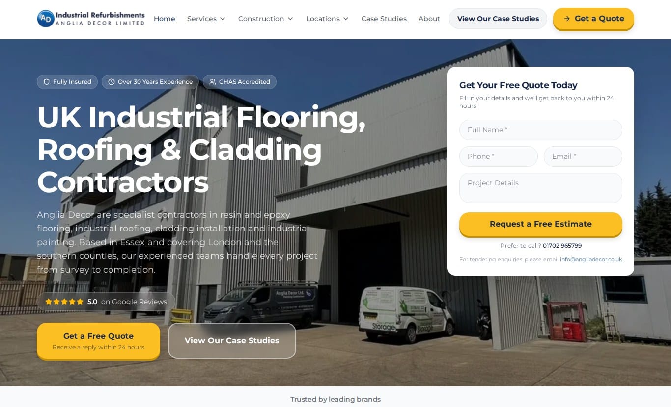 Anglia Decor website homepage, industrial roofing within a multi-trade contractor