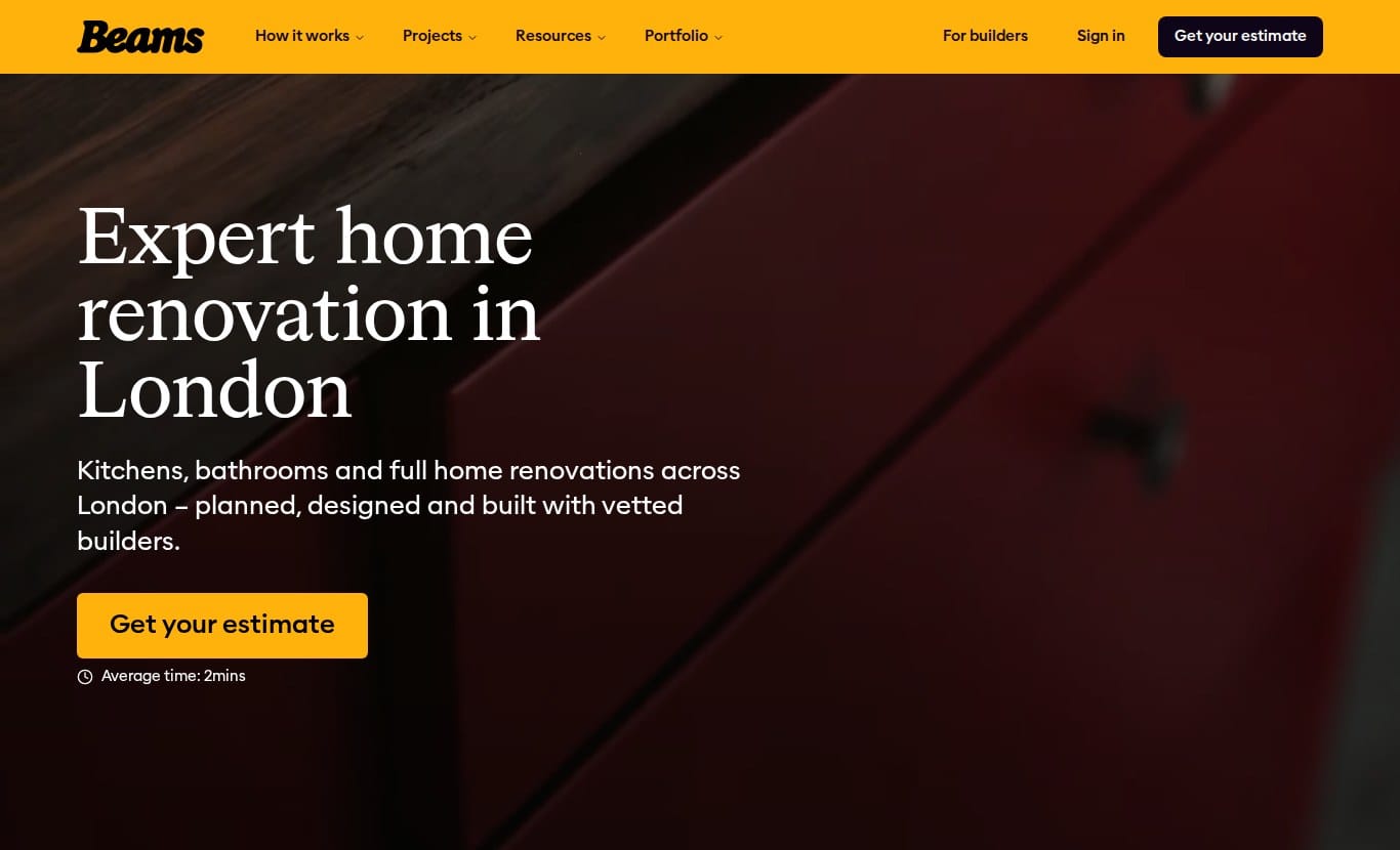 Beams Renovation website homepage promoting expert home renovation in London with vetted builders