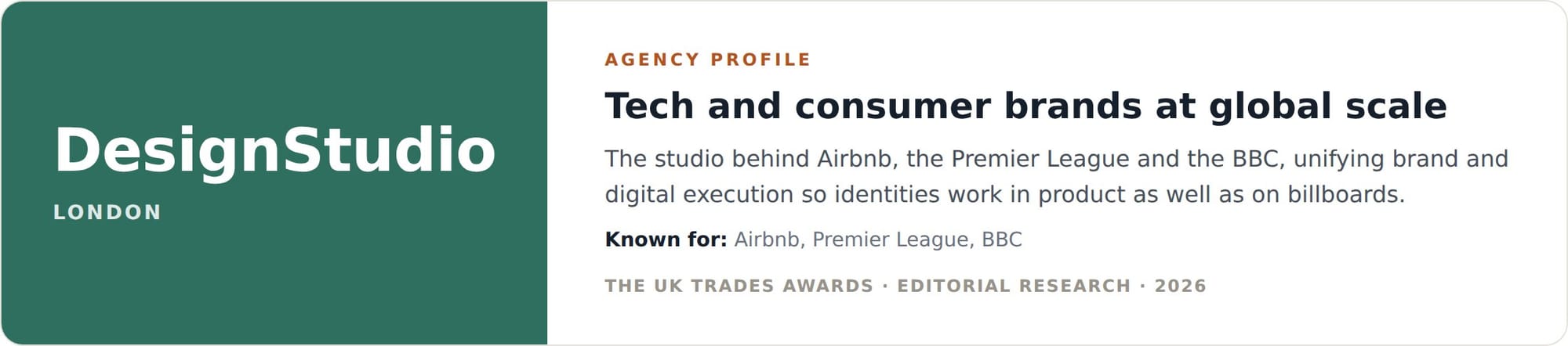 DesignStudio agency profile card, tech and consumer branding