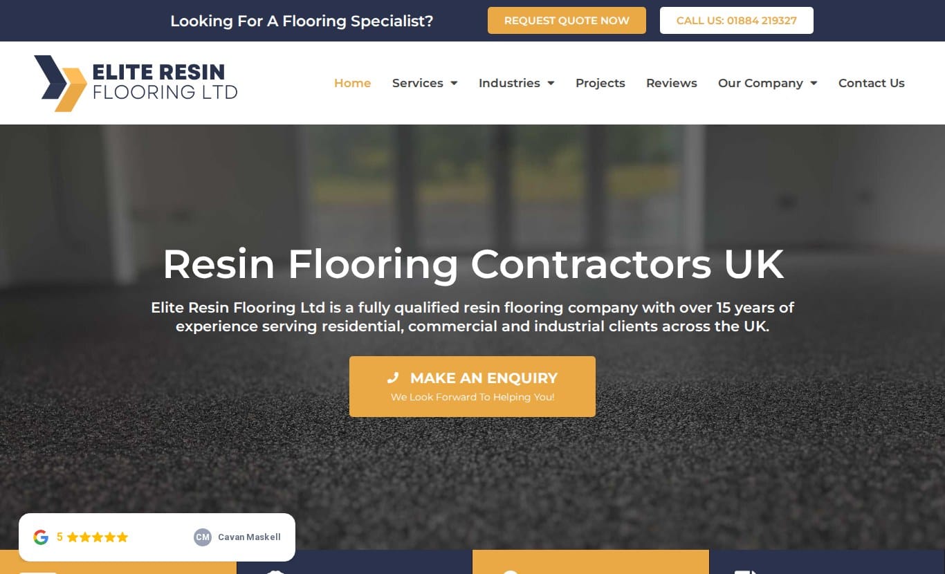 Elite Resin Flooring website homepage, nationwide resin-only flooring specialists