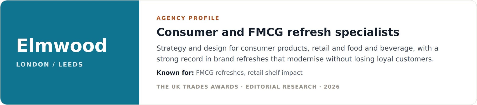Elmwood agency profile card, FMCG and retail brand refresh