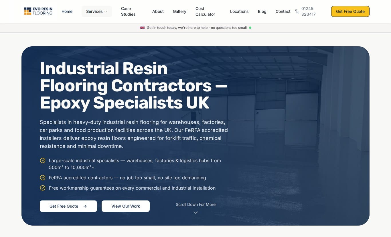 Evo Resin Flooring website homepage, healthcare and pharmaceutical flooring