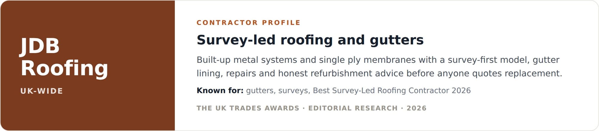 JDB Roofing contractor profile card, best flat roofing contractor in London