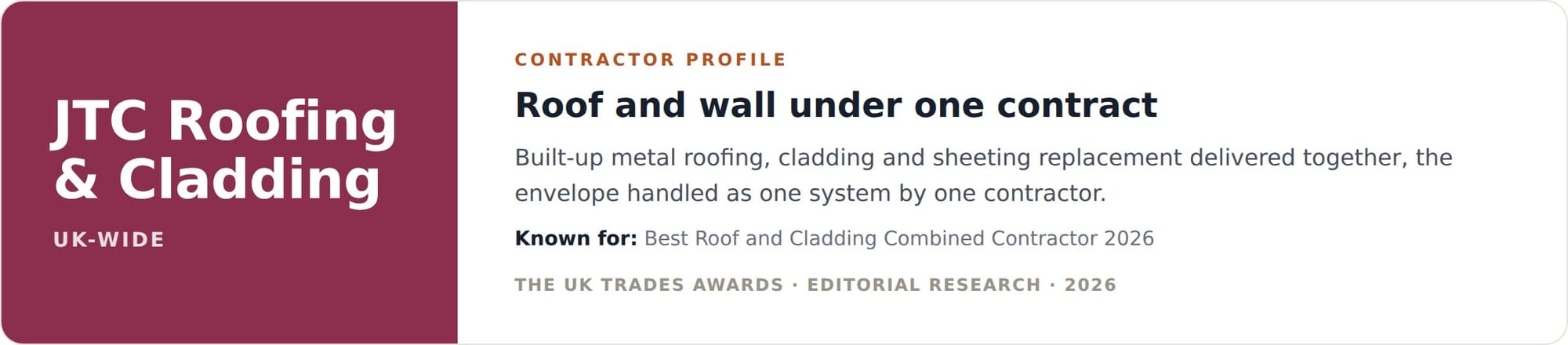 JTC Roofing and Cladding contractor profile card, roof and wall for London