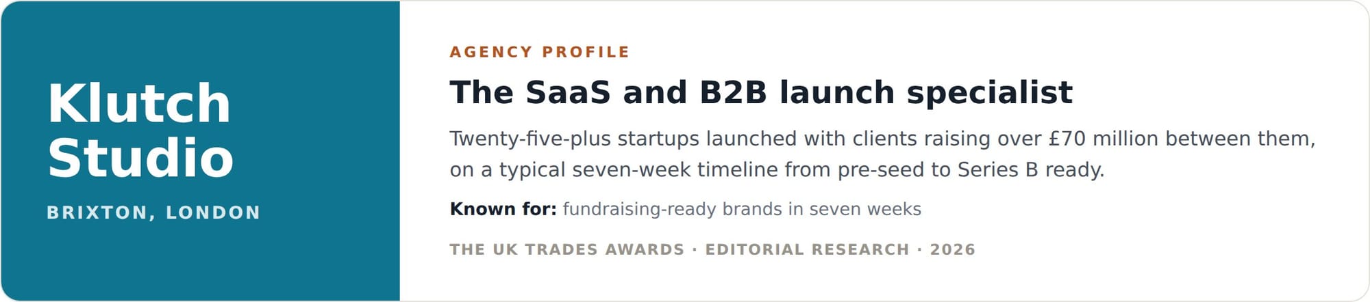 Klutch Studio agency profile card, Series B ready brands