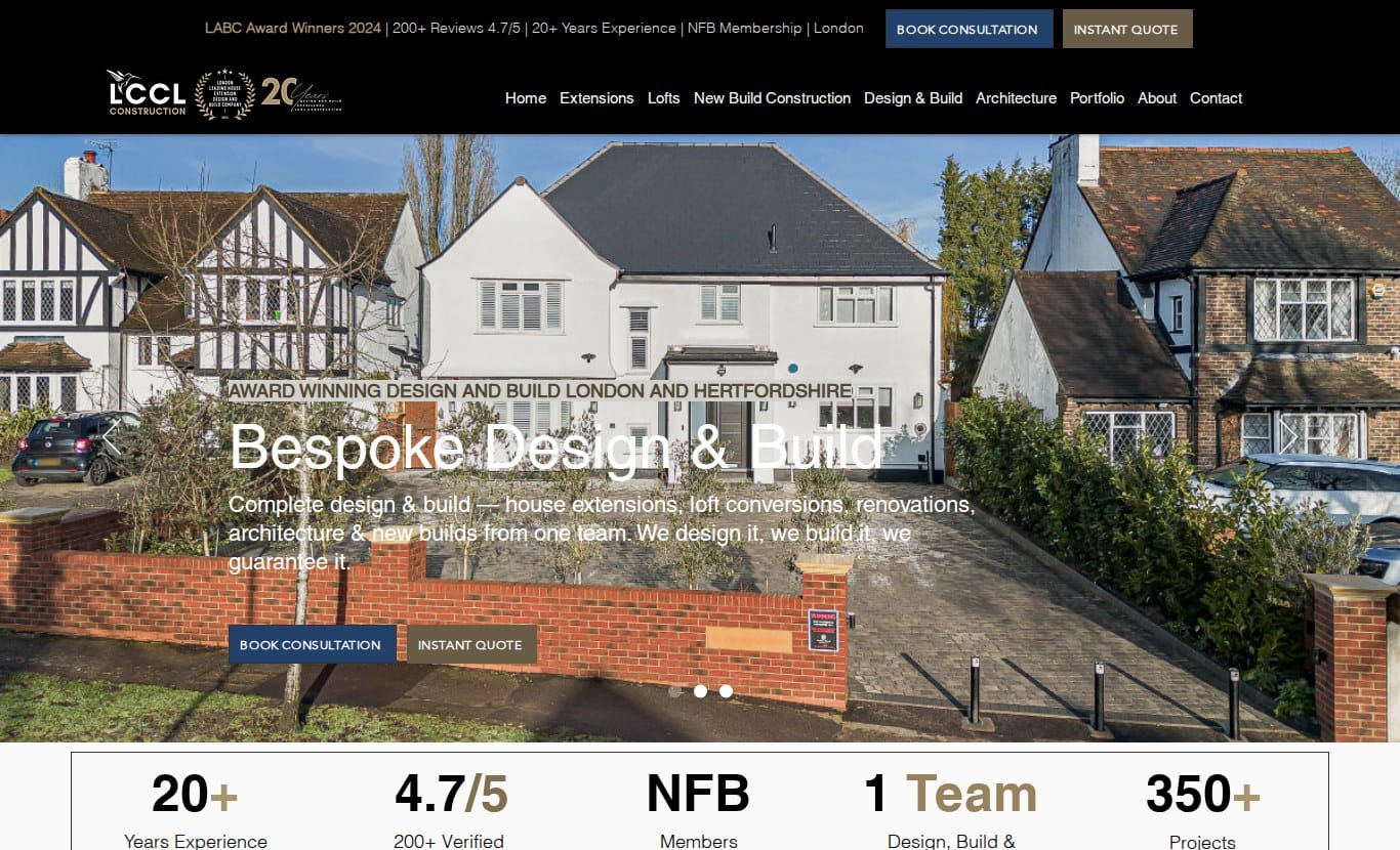 LCCL Construction website homepage for home renovation, lofts and extensions in London