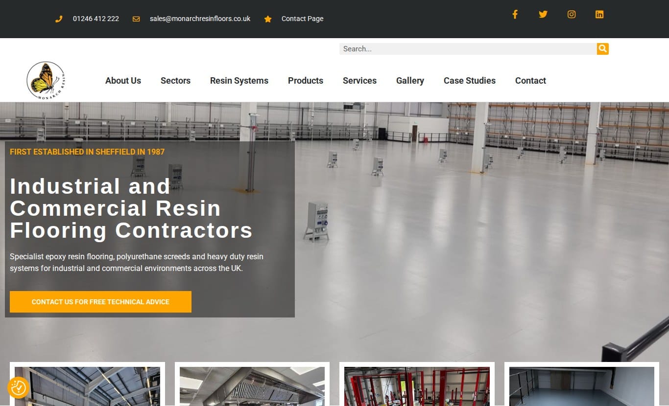 Monarch Resin Floors website homepage, clinical screed detailing