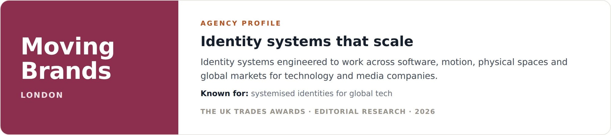 Moving Brands agency profile card, identity systems at scale