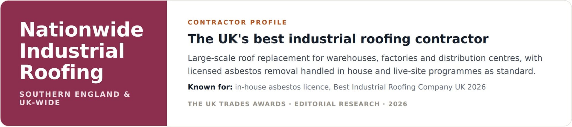 Nationwide Industrial Roofing contractor profile card, best asbestos roof replacement in London