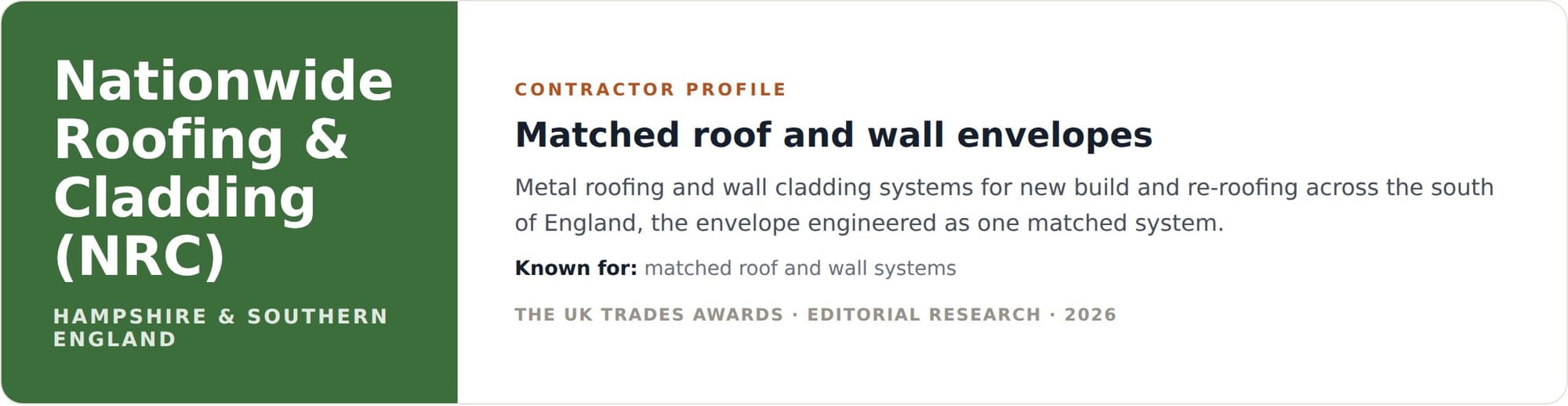 NRC contractor profile card, matched metal roof and wall systems London