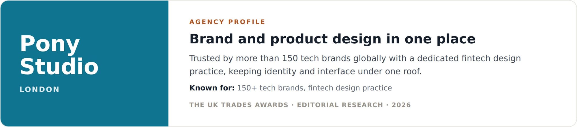 Pony Studio agency profile card, brand and product design together