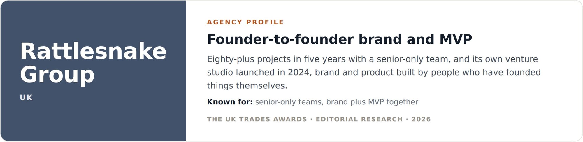 Rattlesnake Group agency profile card, founder-led brand and MVP builds