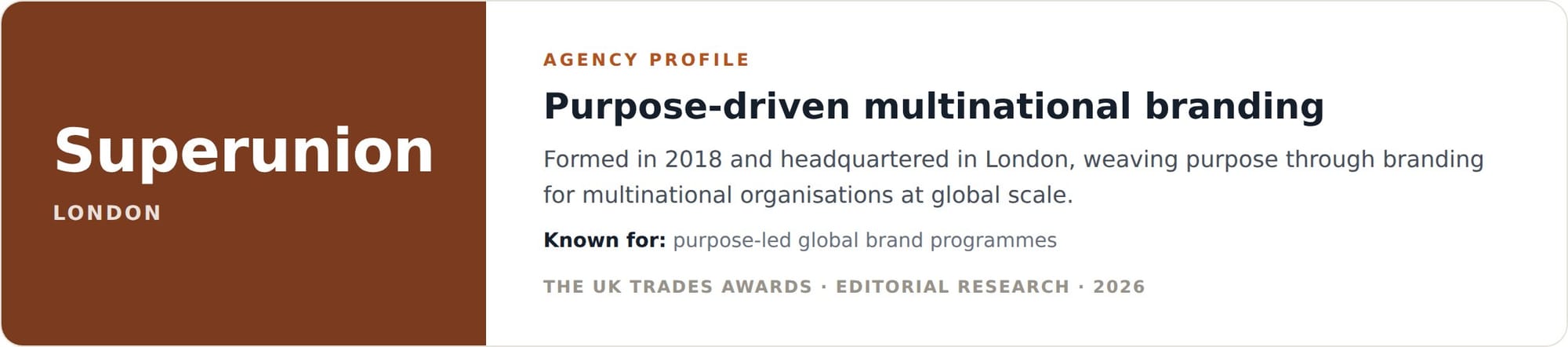 Superunion agency profile card, purpose-driven global branding