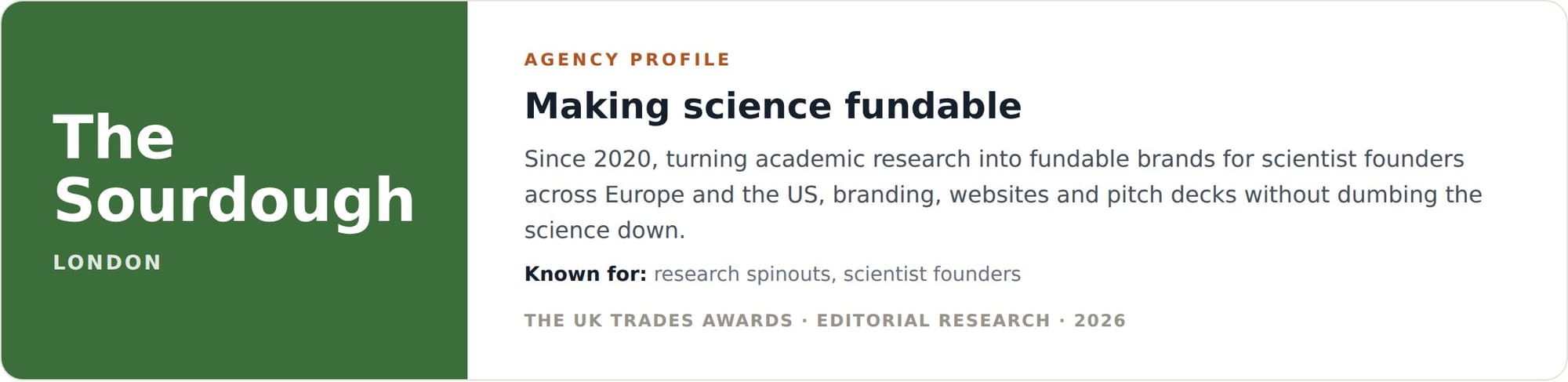 The Sourdough agency profile card, branding for science founders