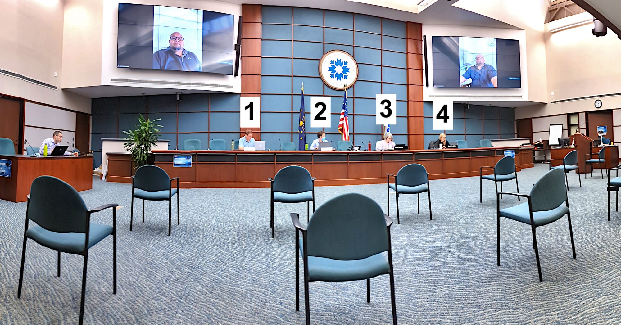 Photo of plan commission in-person meeting with numbers 1 to 4 labeling the members who are physically present