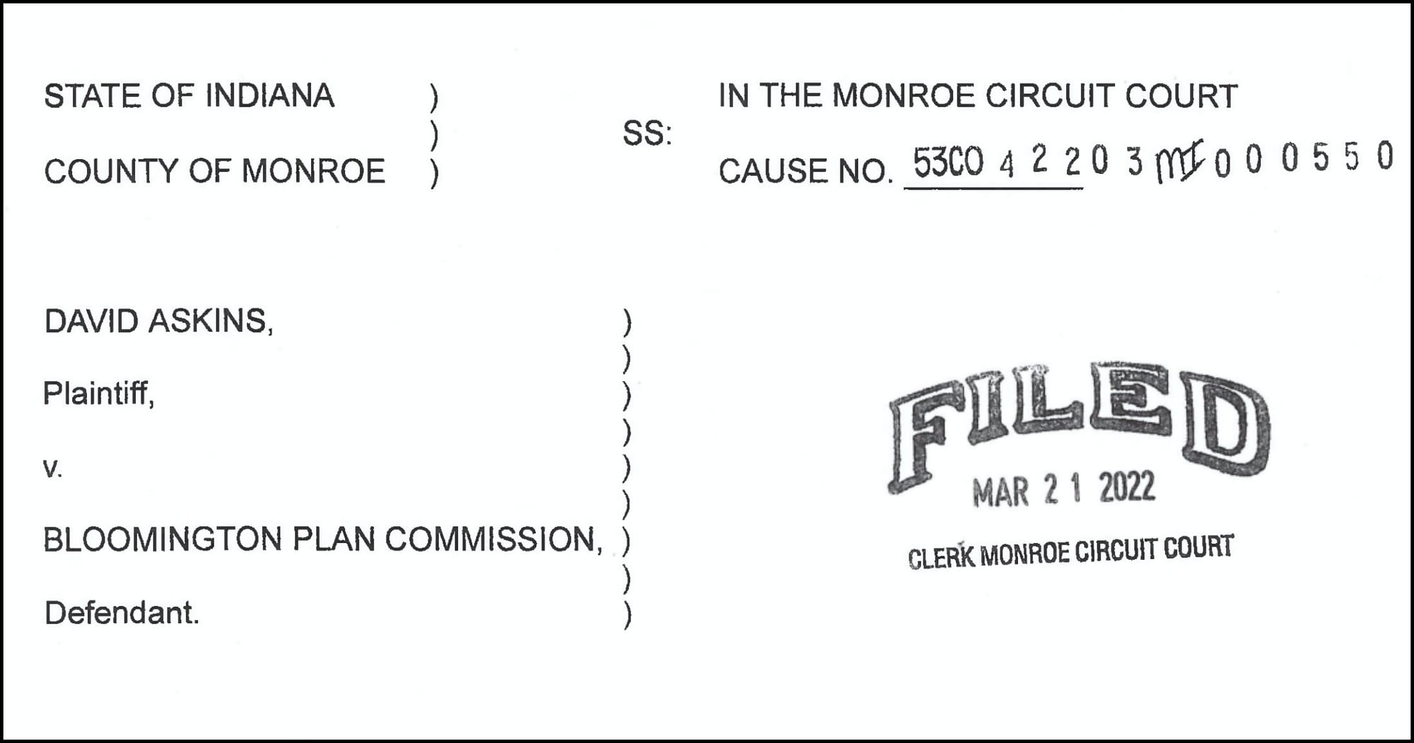 image of the lawsuit filing for Askins v. Bloomington plan commission that is date stamped with clerk's stamp