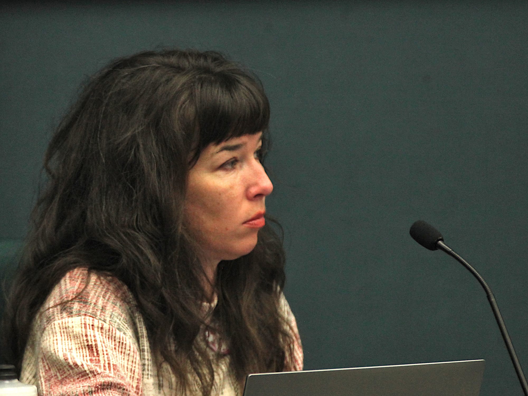 woman sitting at dais of city council chambers looking to the left