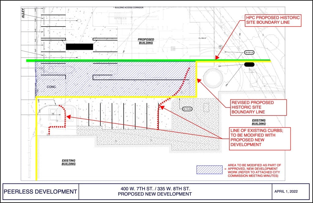 Outline of proposed historic district boundaries. There is a bigger one in red, and one that is smaller outlined in yellow. Both boundaries include the smokestack.