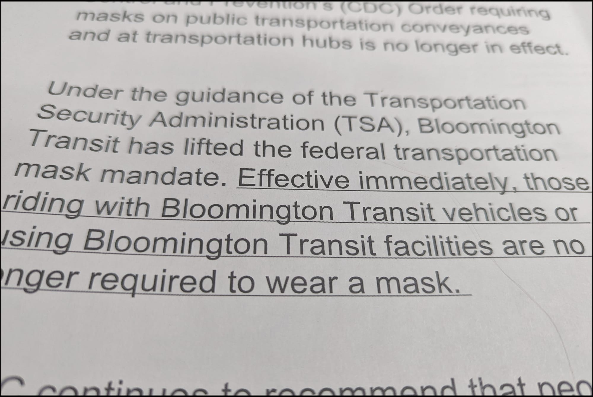 text of the announcement from Bloomington Transit about the ending of the mask mandate on buses