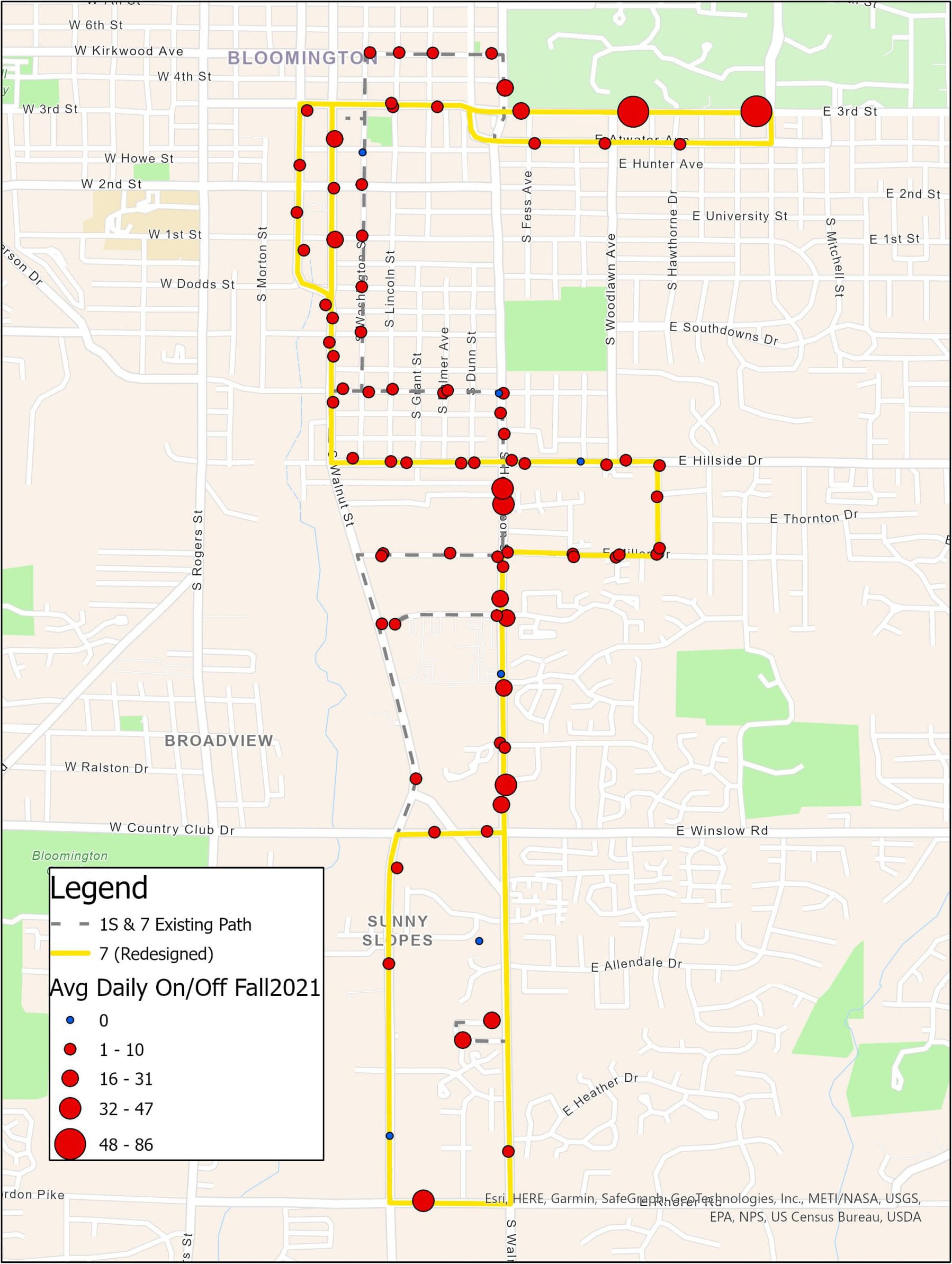 map of bus routes with red dots of different sizes indicating how many riders got on and off at each stop