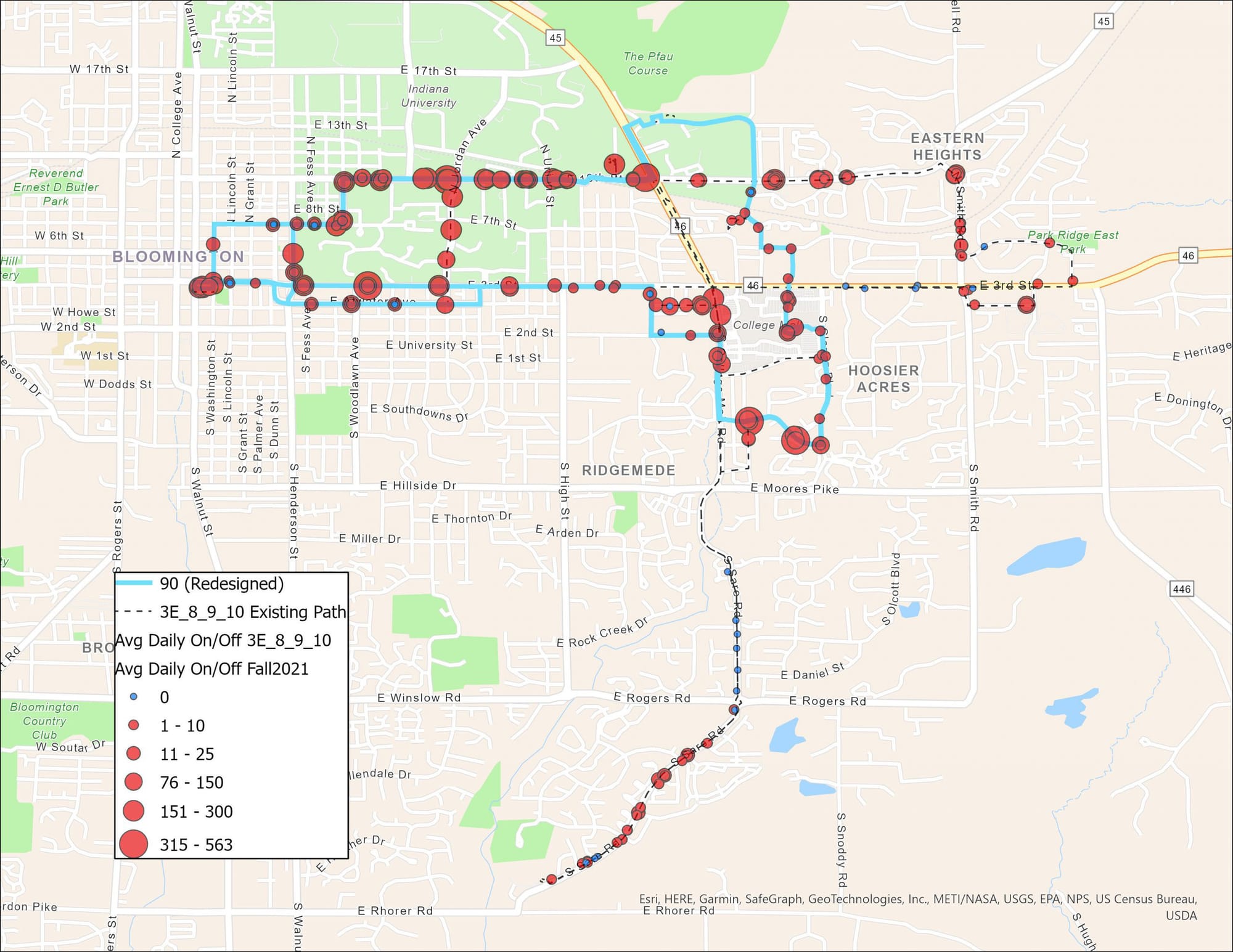 map of bus routes with red dots of different sizes indicating how many riders got on and off at each stop