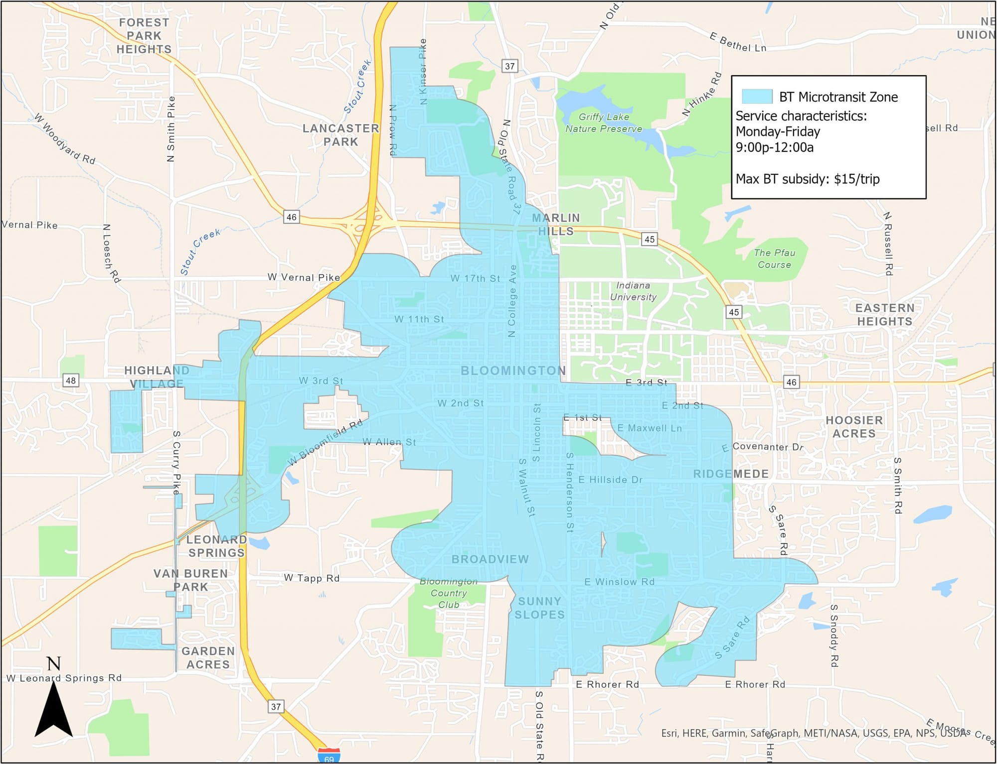map with shaded blue area indicating the geographic area where micro transit (Uber/Lyft) service could be offered instead of fixed route service