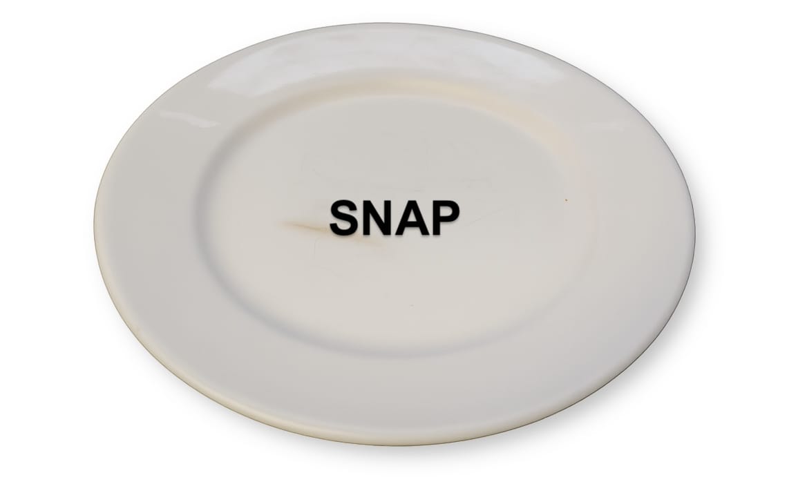 an empty white plate with the word SNAP in black letters layered on top