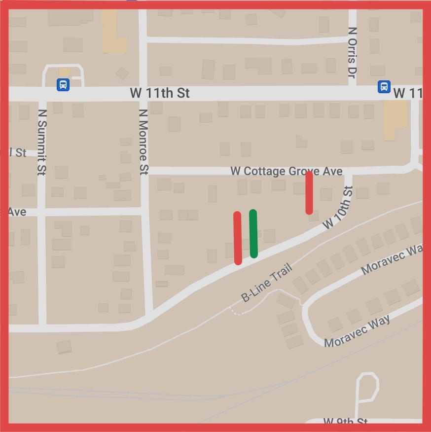 Denied by Bloomington:  Request to vacate two strips of right-of-way where parts of buildings stand