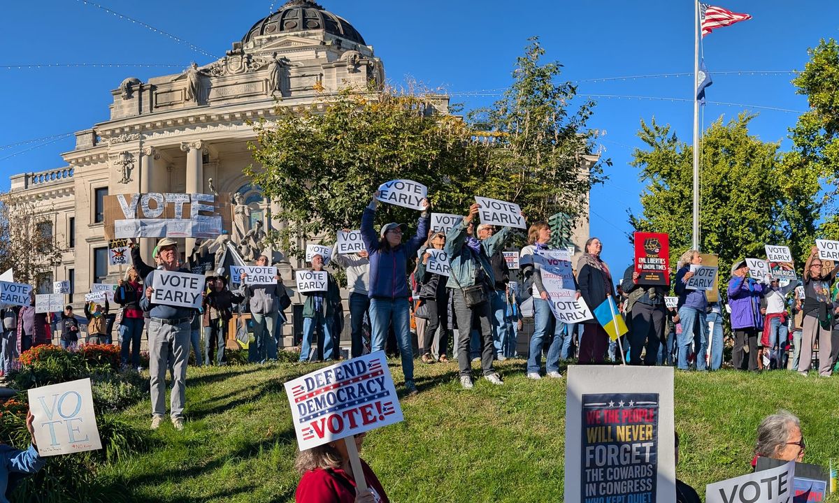 Demonstrators gather in downtown Bloomington for ‘No Kings: Vote Early’ rally