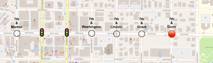 Stop signs at intersections on Bloomington’s 7th Street: Dunn for now
