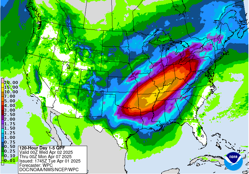 Starting late afternoon April 2: All hazards possible, according to NWS—floods, thunderstorms, hail, tornadoes