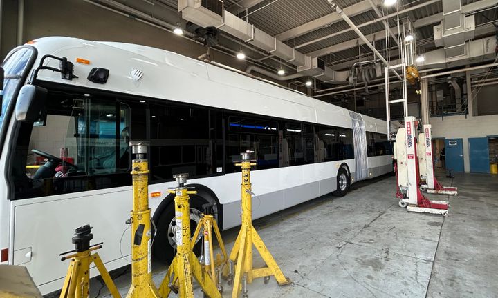 Bloomington Transit’s first 60-foot articulated bus arrives at Grimes Lane depot