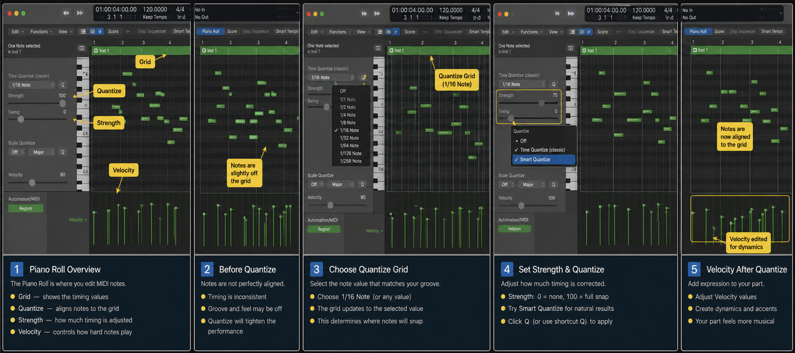 Logic Pro Piano Roll quantize workflow with grid, strength, and velocity - cover