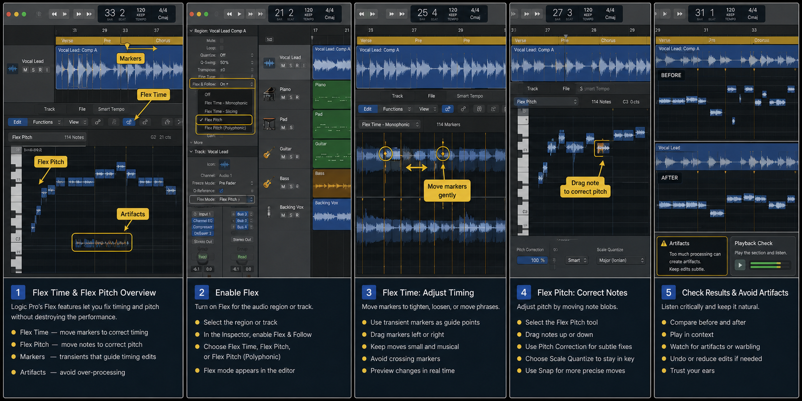 Logic Pro Flex Time and Flex Pitch workflow with timing and pitch edits - cover