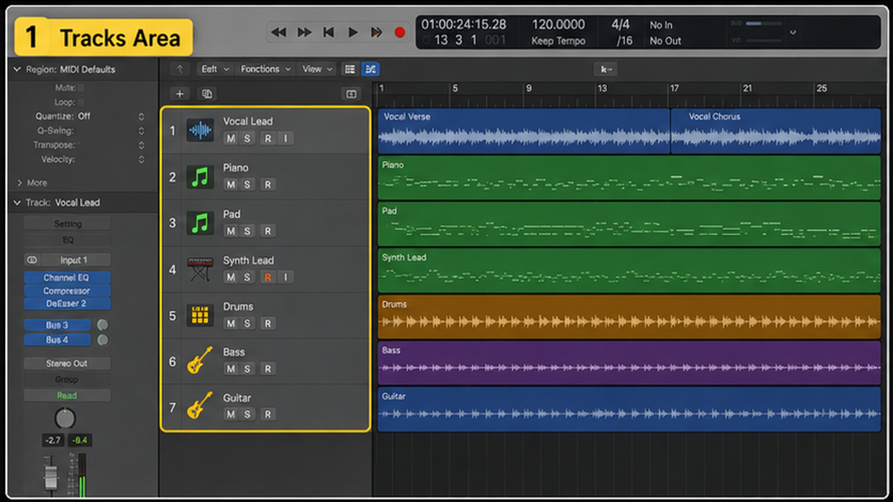 Logic Pro workspace with tracks, regions, inspector, mixer, and automation - step 1