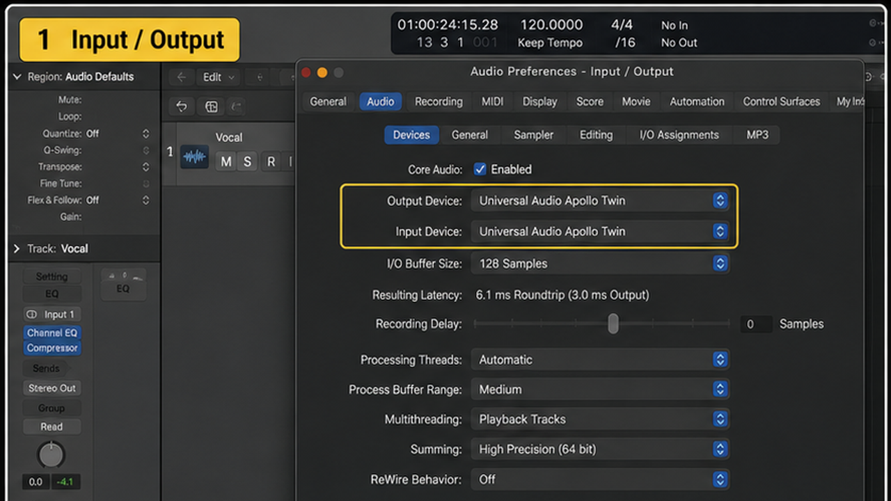 Logic Pro audio interface setup with input, output, buffer, and signal checks - step 1